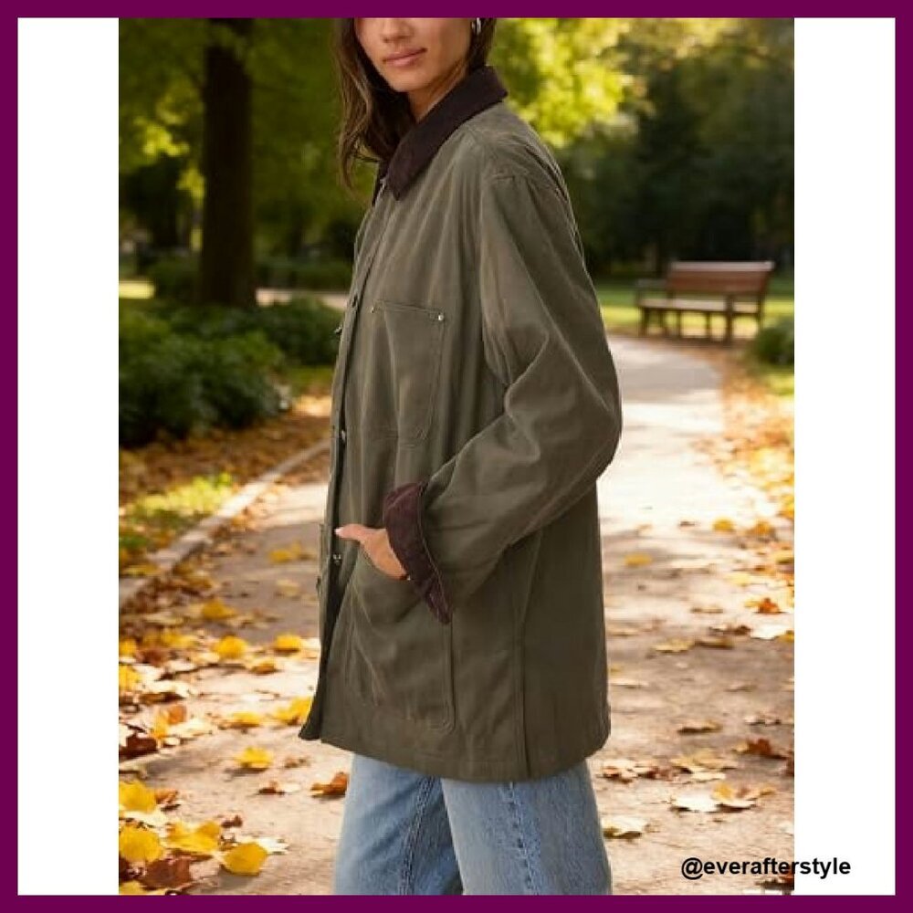 Oversized Utility Barn Jacket Vintage Workwear Corduroy Collar Casual Coat - Picture 3 of 8